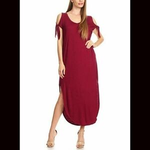Summer Casual Loose Long Dress Cold Shoulder Short Sleeve Split Midi Maxi Dress